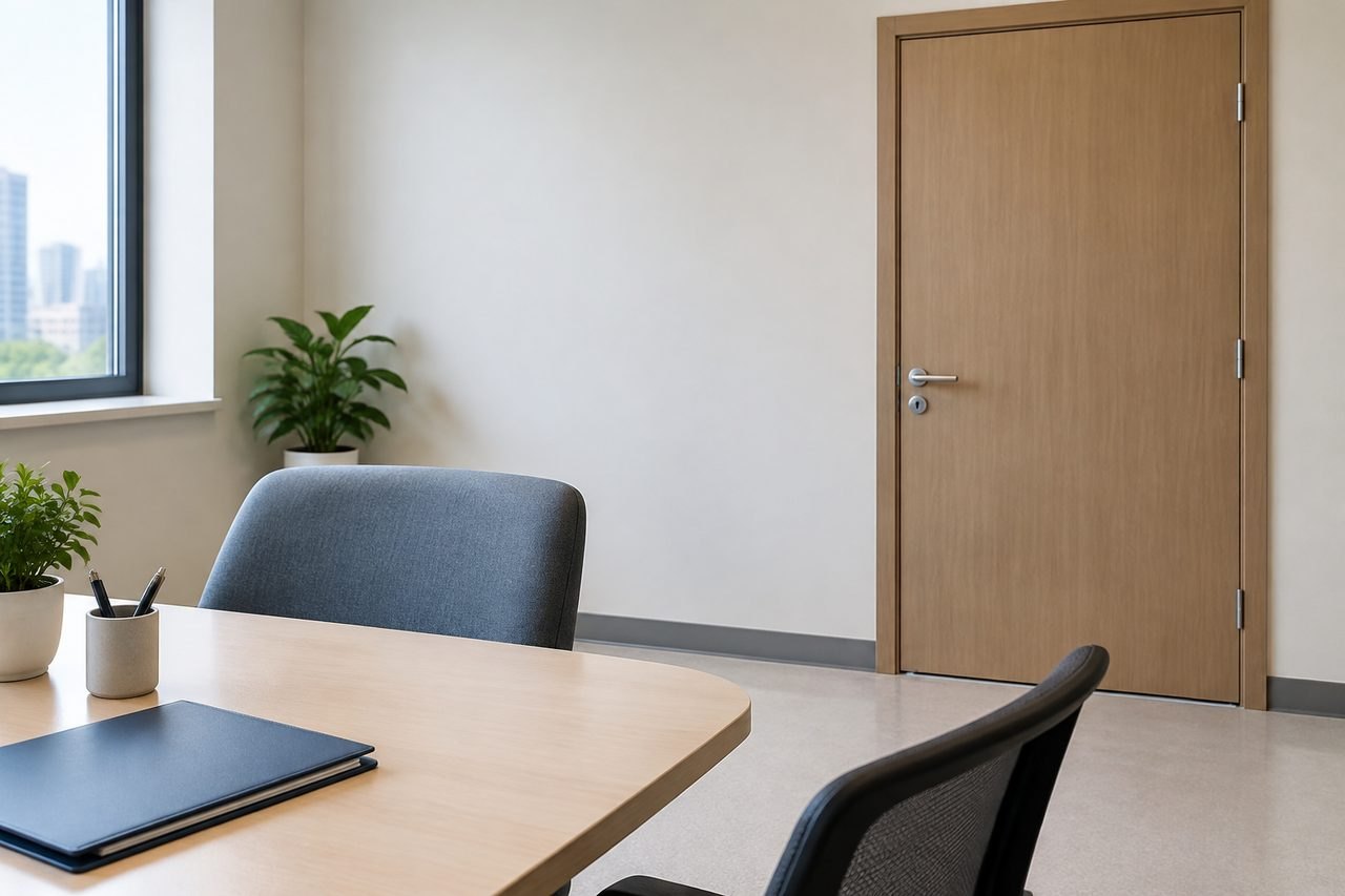 AI illustration: A modern office space featuring a wooden door, a desk with a notebook, and plants.