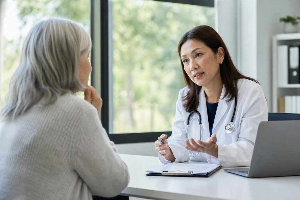 Illustrative image: A doctor discusses with an elderly patient in a consultation room.