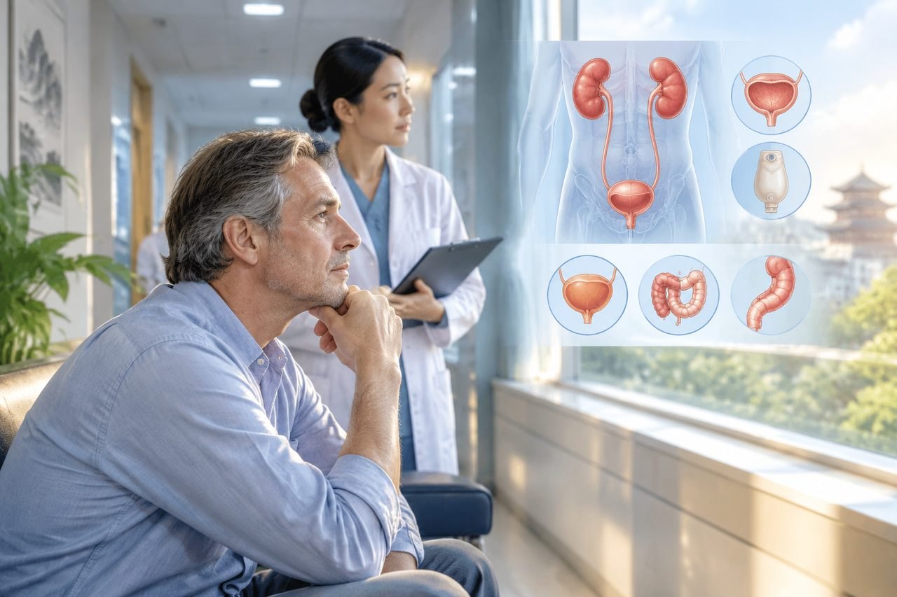 Illustrative image: A patient consults with a medical professional while anatomical illustrations are displayed in the background.