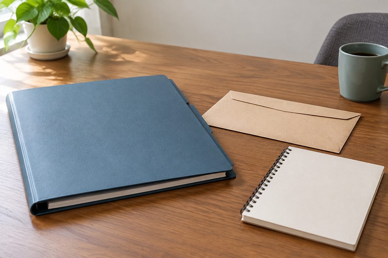 AI illustration: A workspace featuring a blue folder, a brown envelope, a spiral notebook, and a cup of coffee on a wooden table.