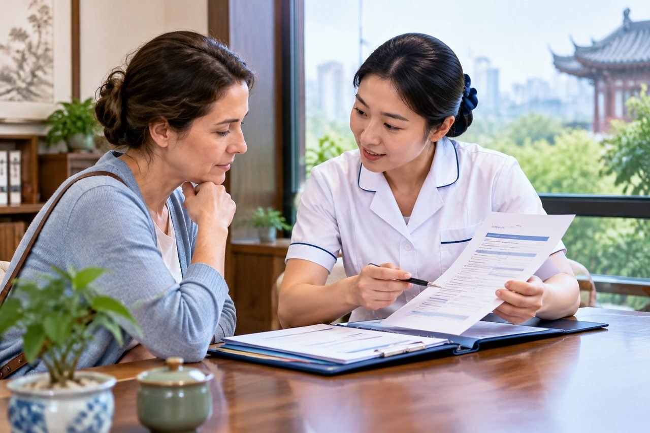 AI illustration: A healthcare professional discusses medical documents with a patient in a consultation setting.