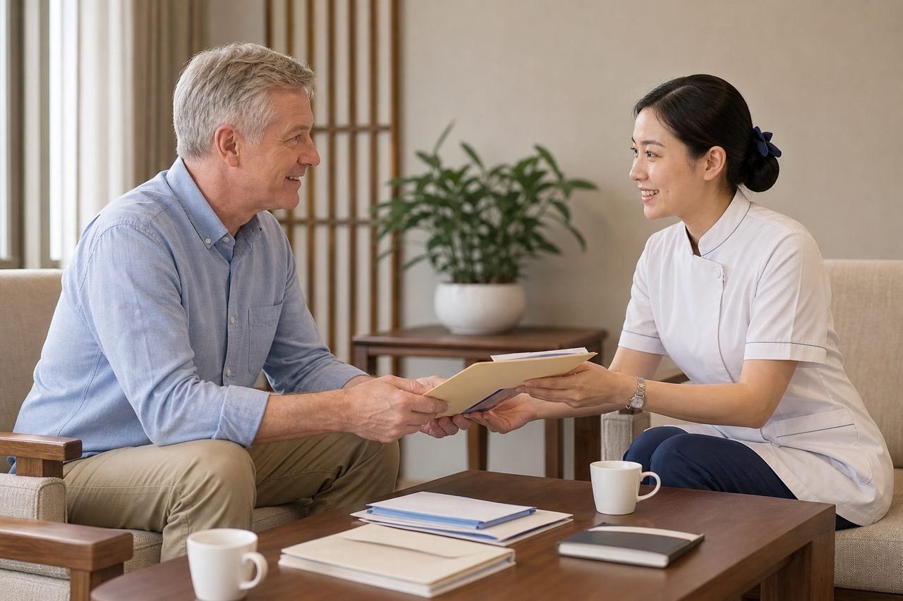 Illustrative image: A healthcare professional and a patient engage in a consultation, exchanging documents in a comfortable setting.
