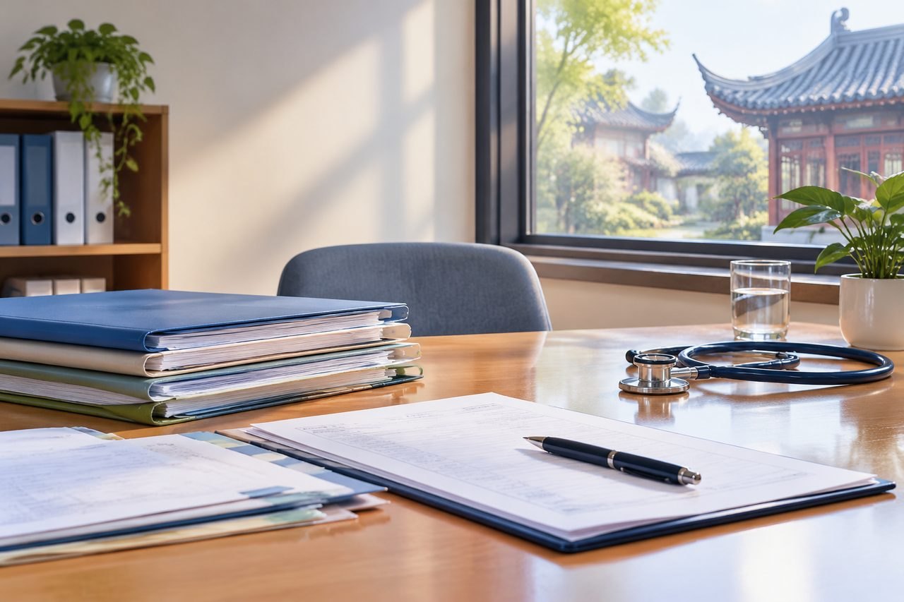 AI illustration: A medical office desk with files, a stethoscope, and a view of a traditional building outside.