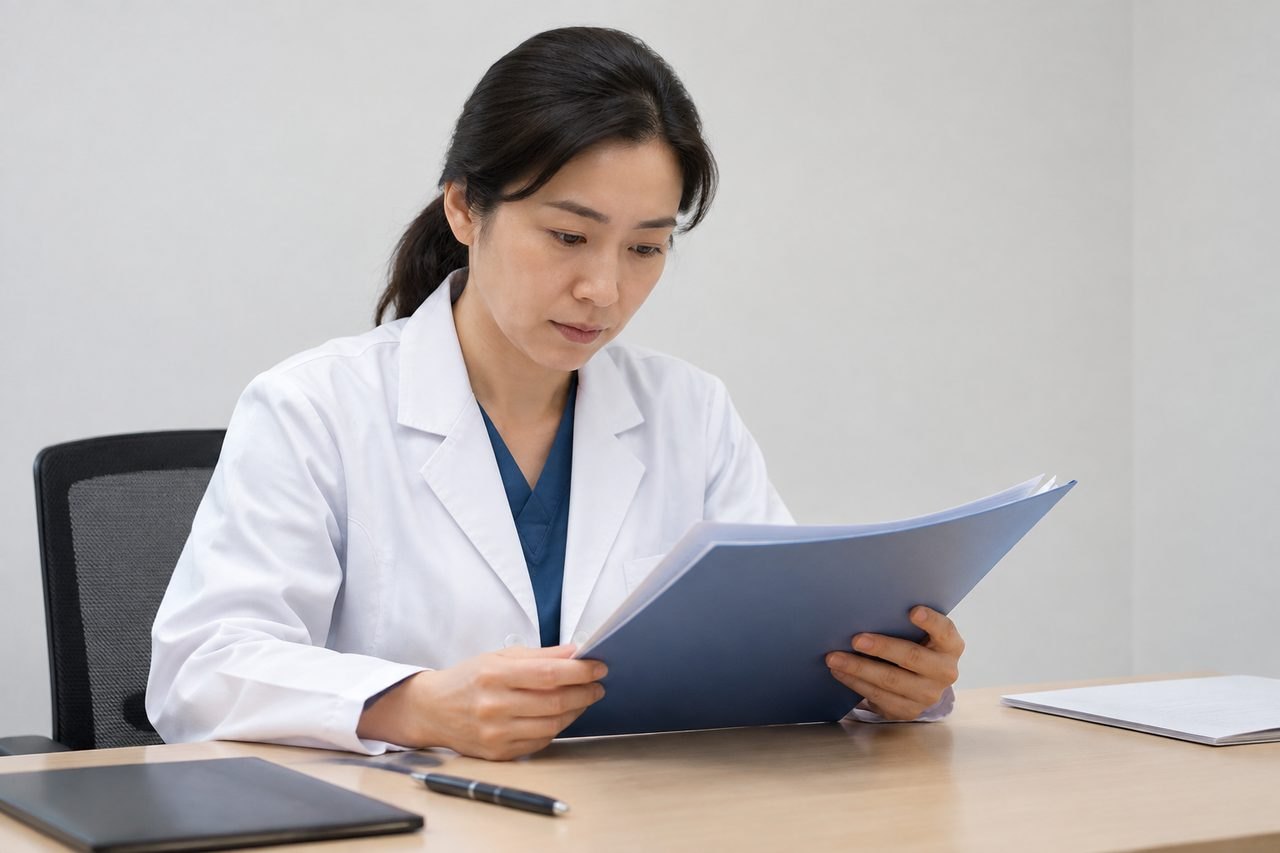 AI illustration: A doctor reviews documents in a clinical setting.