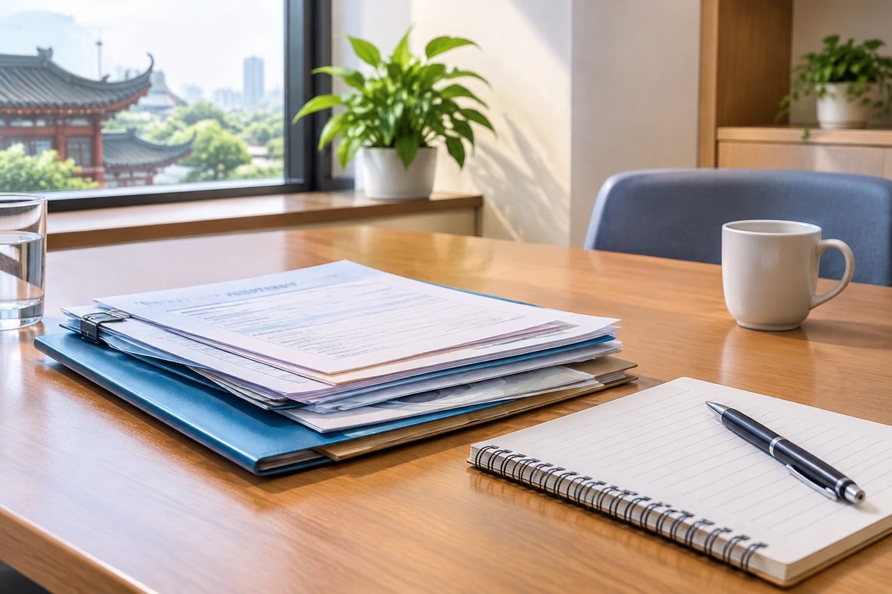 AI illustration: A workspace featuring documents, a notebook, and a cup of coffee, with a view of a city skyline.