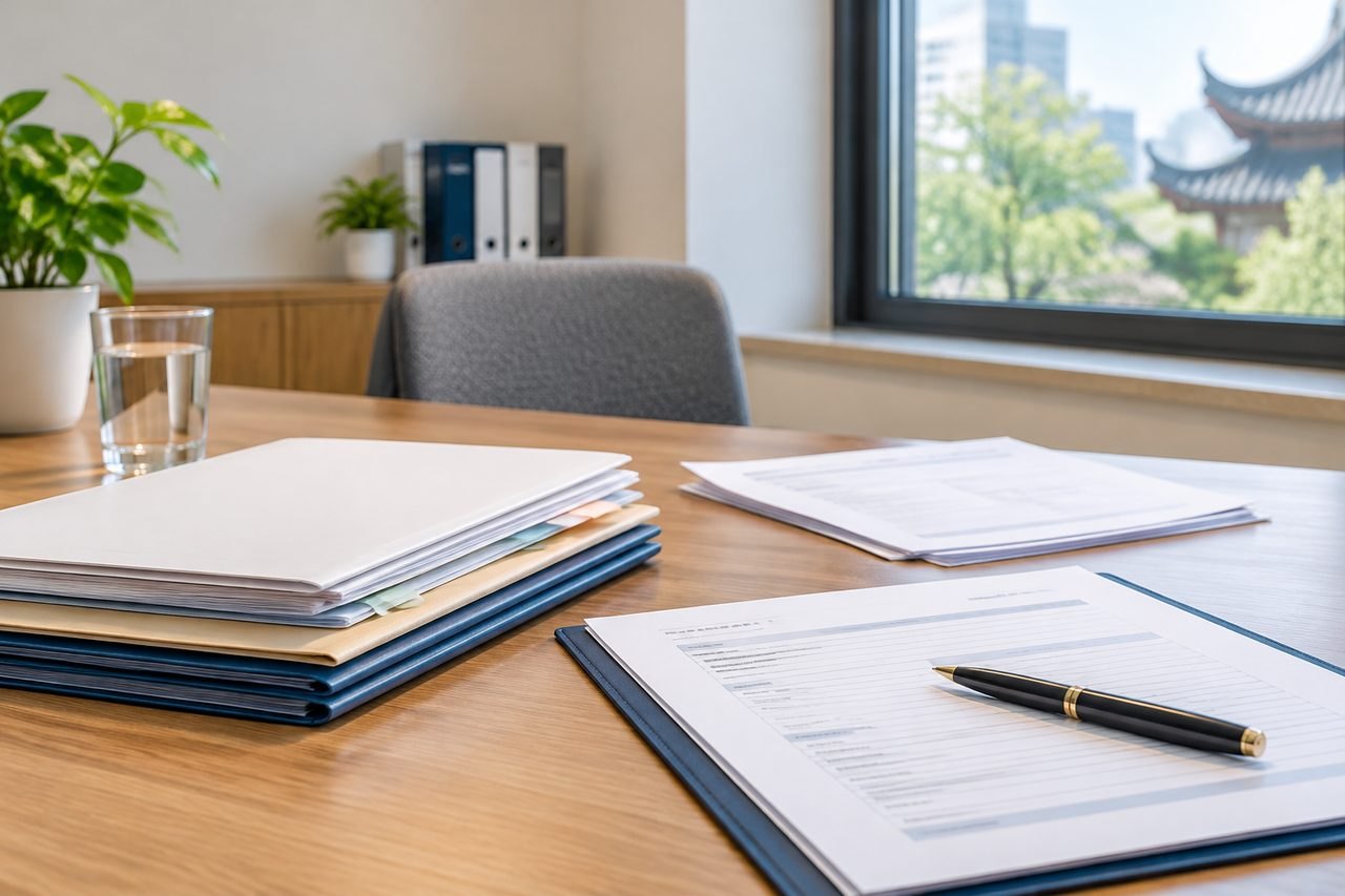 AI illustration: An organized workspace featuring documents, a pen, and a plant, with a view of a traditional building outside.
