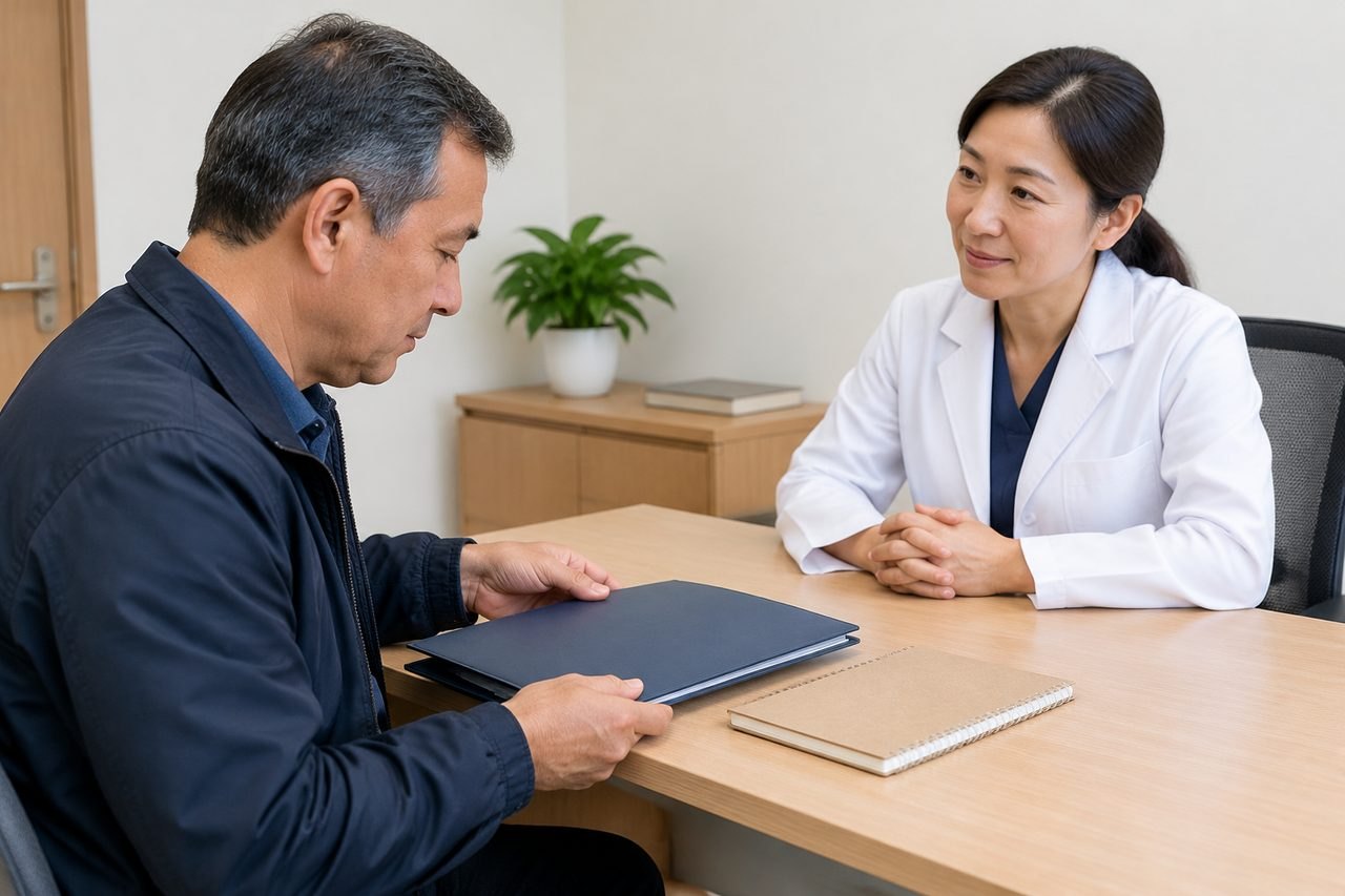 AI illustration: A consultation between a doctor and a patient in a clinical setting.