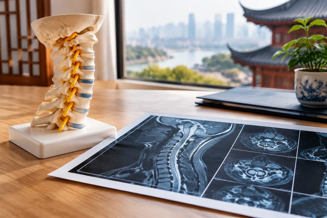 Illustrative image: A spinal model and MRI images are displayed on a table with a city skyline in the background.