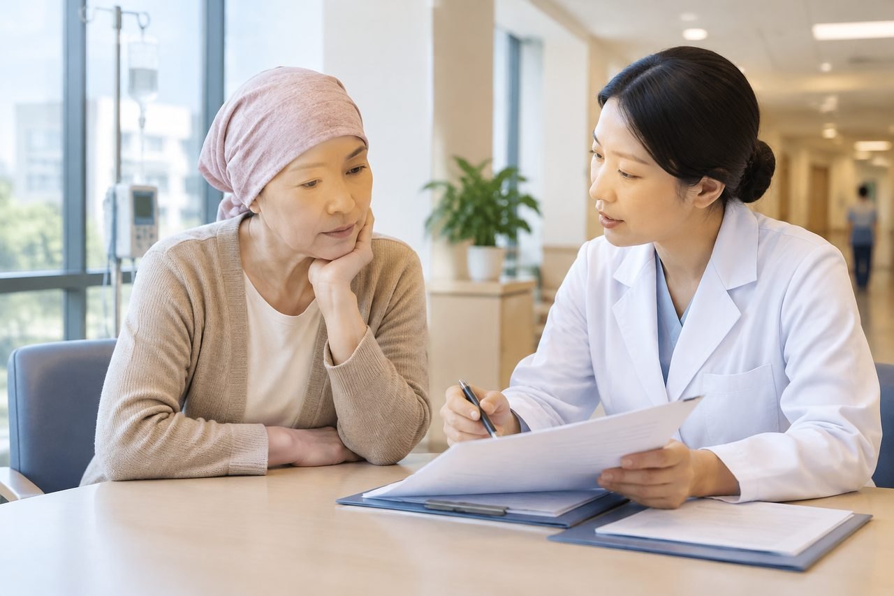 AI illustration: A doctor discusses medical information with a patient in a hospital setting.