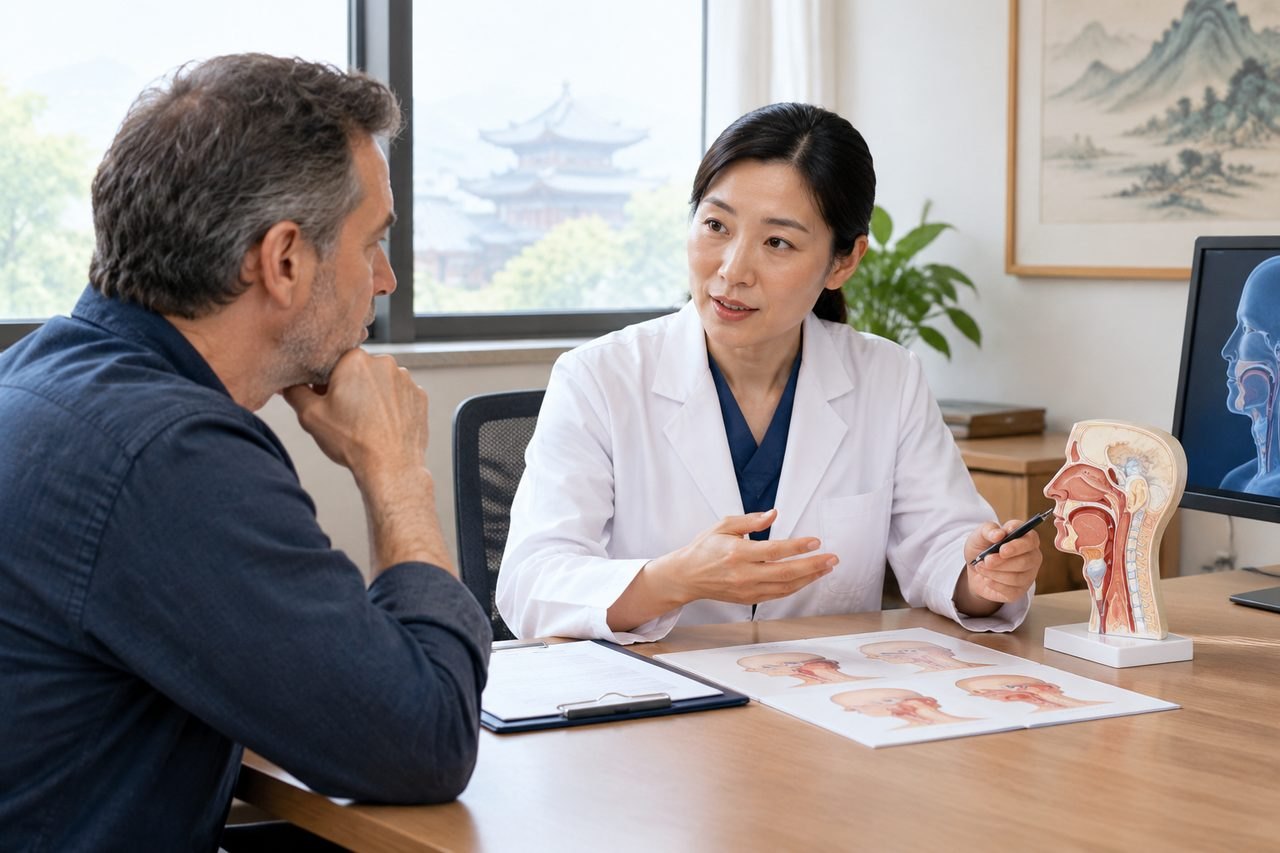 Illustrative image: A doctor discusses anatomy with a patient using visual aids in a consultation room.