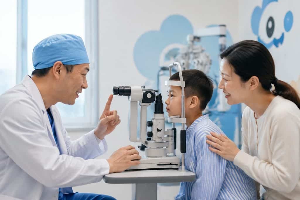 Illustrative image: A doctor is examining a child's eyes with a slit lamp while a parent supports the child.