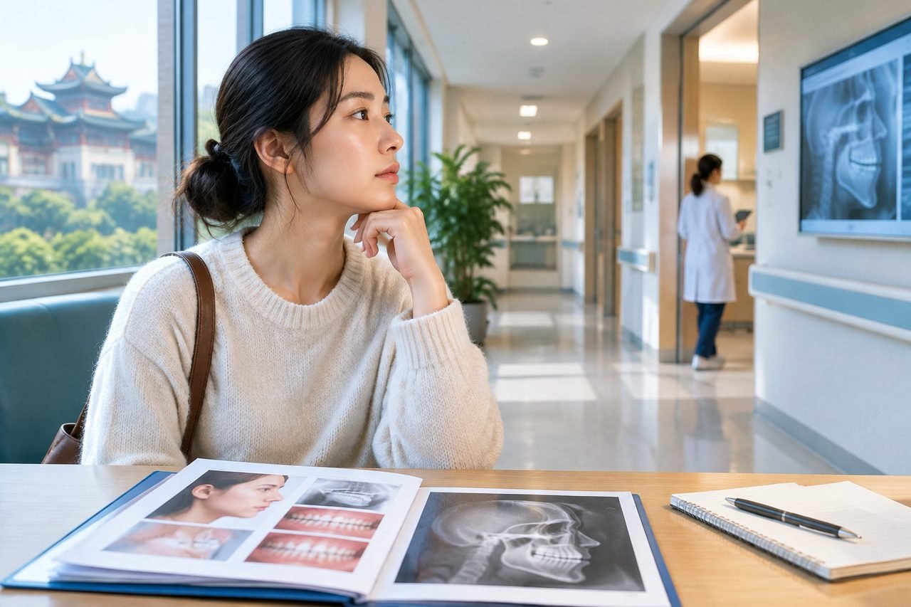 Illustrative image: A woman sits in a hospital corridor, reviewing medical images while a medical staff member is seen in the background.