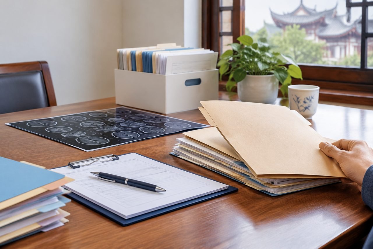 AI illustration: A desk with medical files, a pen, and brain scan images in a consultation room.