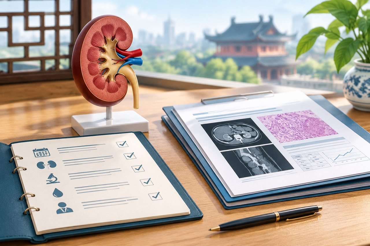 Illustrative image: A kidney anatomical model is displayed alongside medical documents and a plant on a desk with a city skyline in the background.