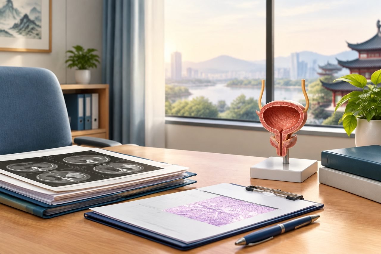 Illustrative image: A medical office desk featuring anatomical models and medical imaging documents.