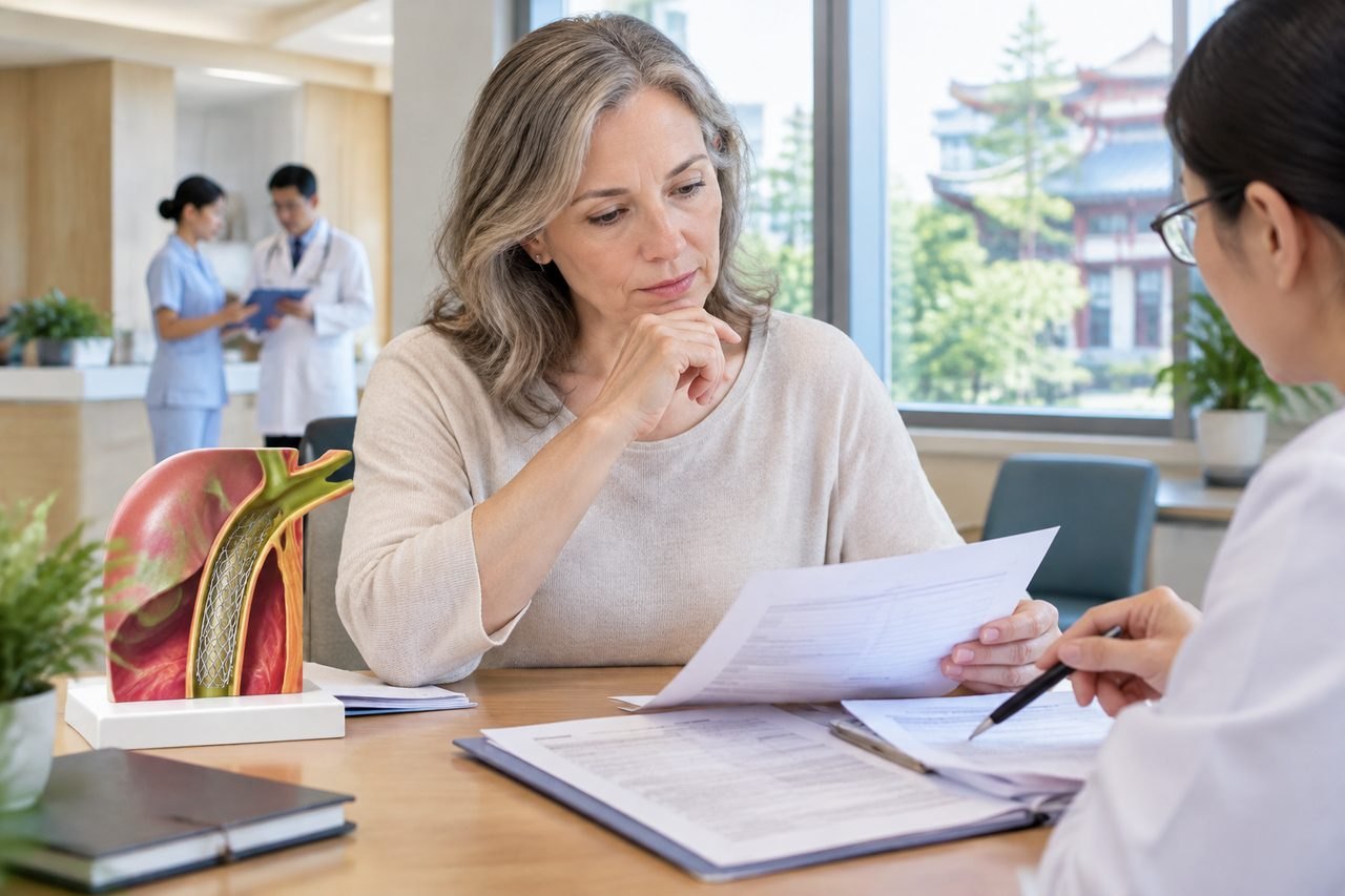 Illustrative image: A patient discusses medical documents with a healthcare professional in a clinic setting, with an anatomical model visible on the table.