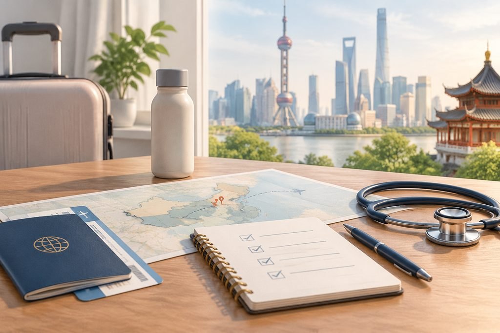 AI illustration: Travel map and health-checkup planning notebook beside luggage