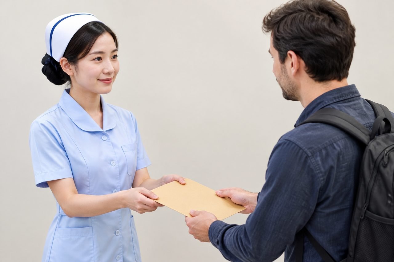 AI illustration: A nurse hands a document to a patient in a clinical setting.