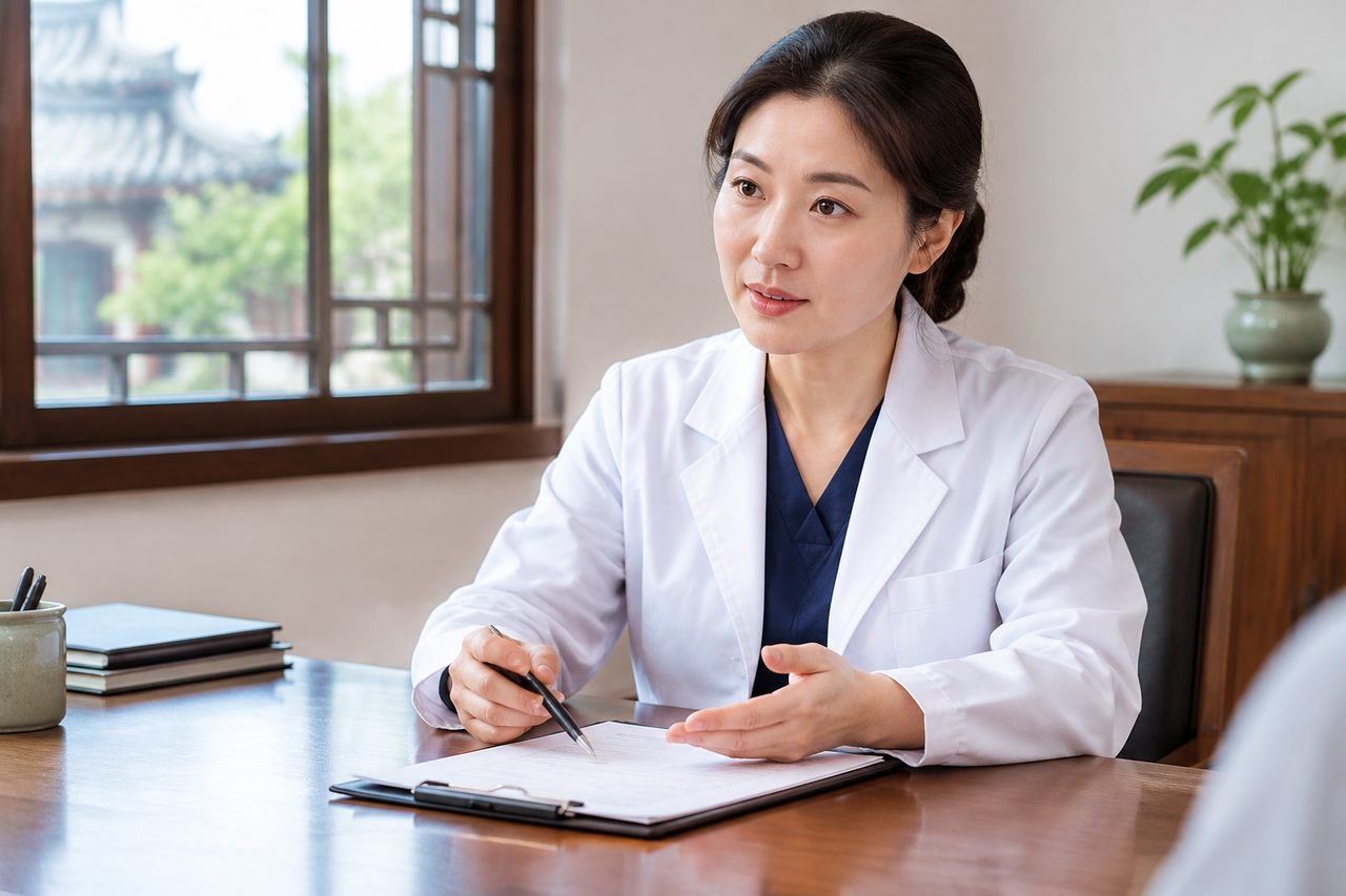 AI illustration: A medical consultation taking place in a well-lit office setting.