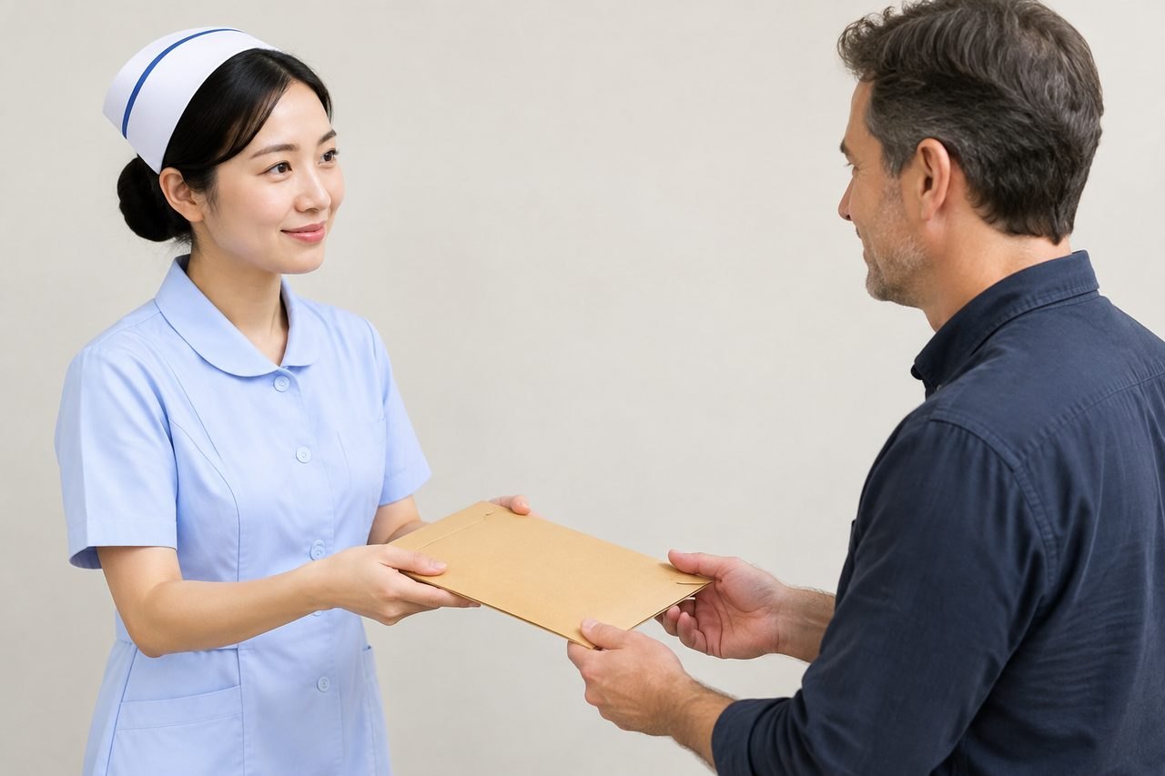 AI illustration: A nurse hands over a document to a patient in a clinical setting.