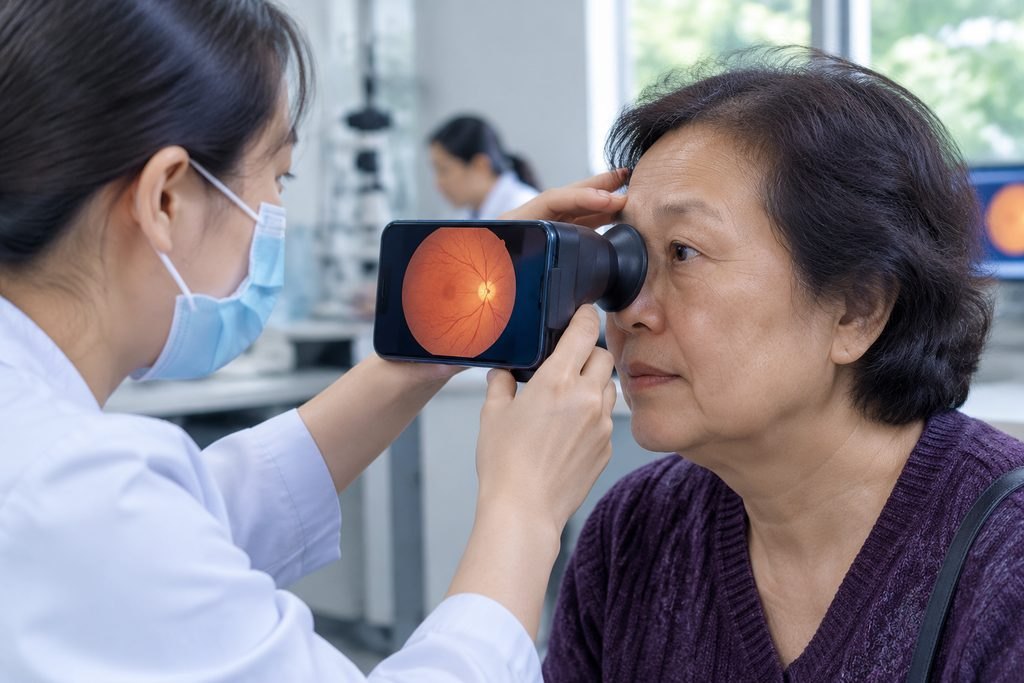 Illustrative image: A healthcare professional examines a patient's eye using a smartphone-based device to display retinal imagery.