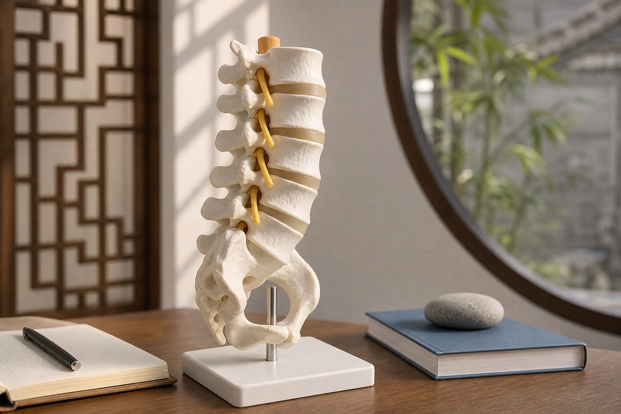 AI illustration: A spinal model displayed on a wooden table with books and a stone in a serene environment.