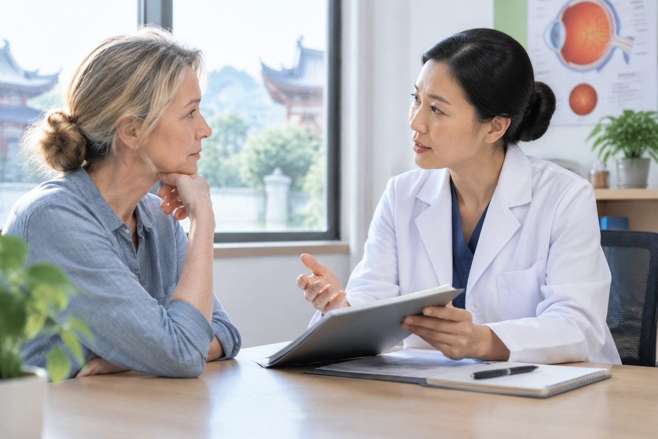 Illustrative image: A doctor discusses medical information with a patient in a consultation room.