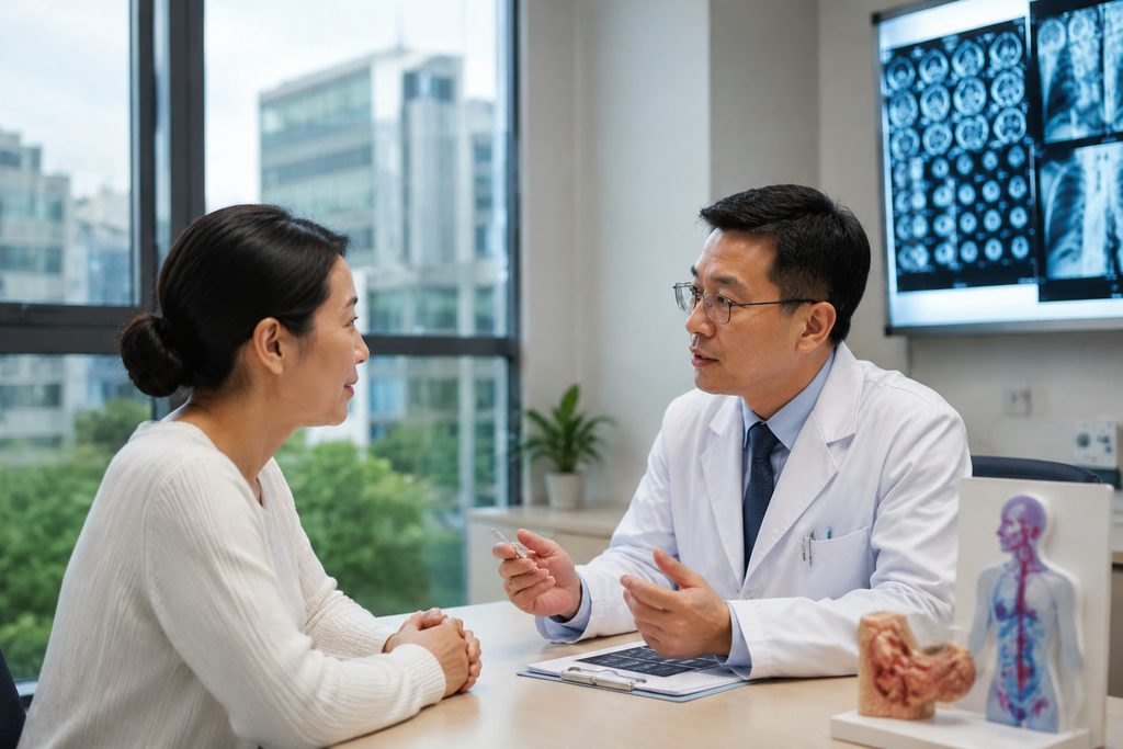 Illustrative image: A doctor discusses medical information with a patient in a consultation room.