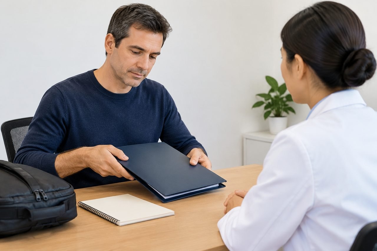 AI illustration: A patient is handing over documents to a medical professional during a consultation.