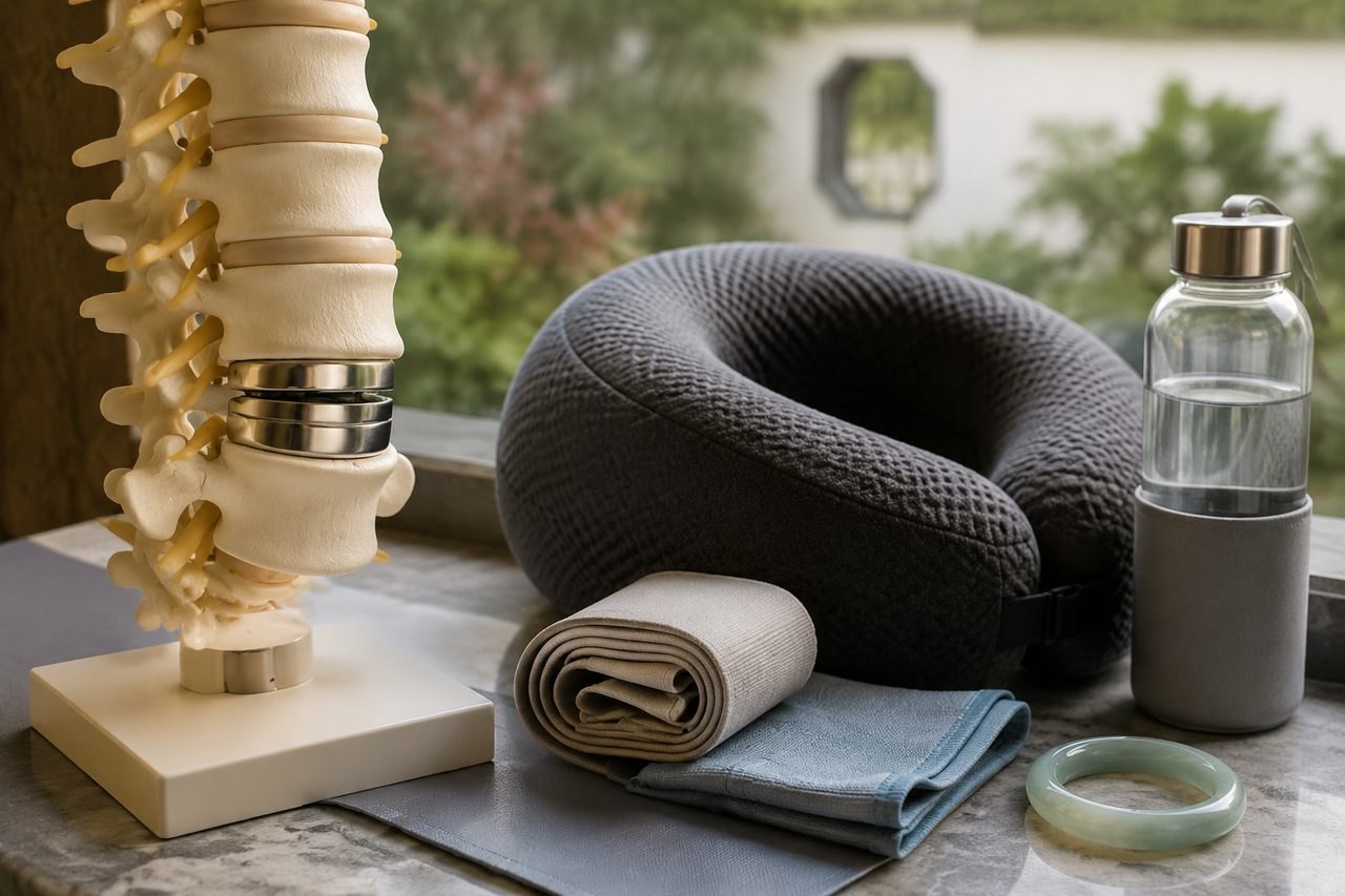 Illustrative image: A collection of wellness items including a spine model, neck pillow, towels, and a water bottle on a table.