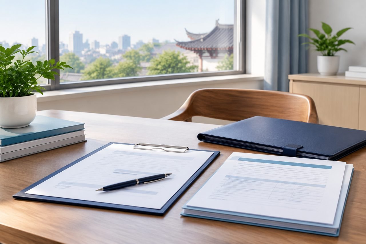 AI illustration: A modern office desk with documents, a pen, and a view of the city skyline.