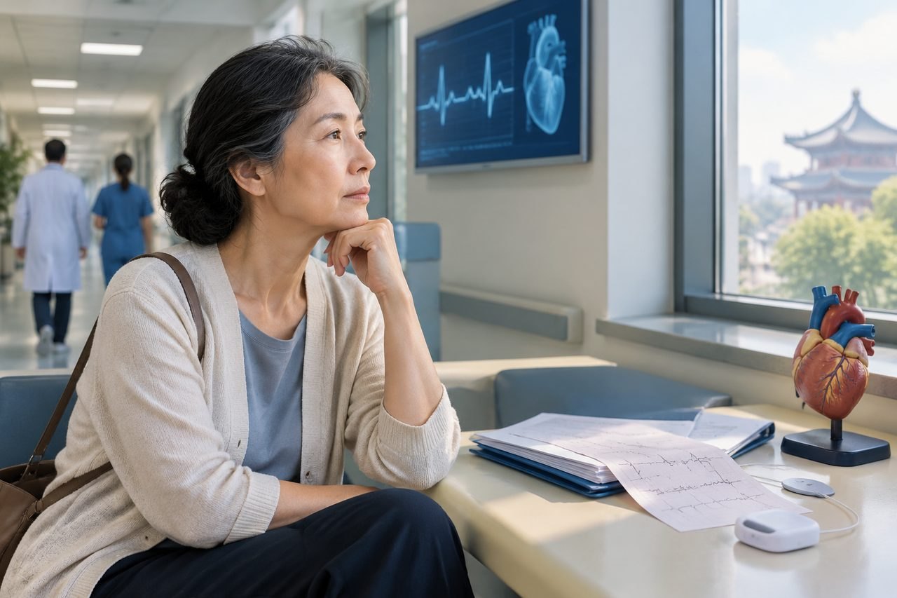 Illustrative image: A woman sits pensively in a hospital corridor, observing a heart model and medical documents.