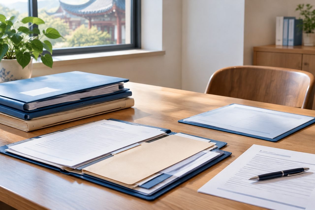 AI illustration: A well-organized desk with folders, documents, and a pen, set against a window view.