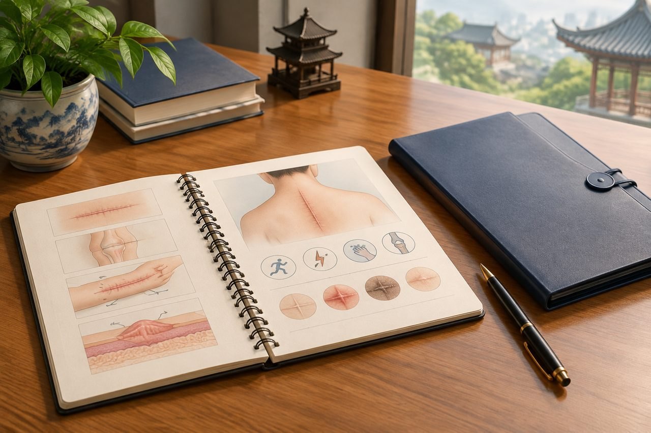 AI illustration: A medical notebook displaying illustrations of surgical scars and healing processes on a wooden table.