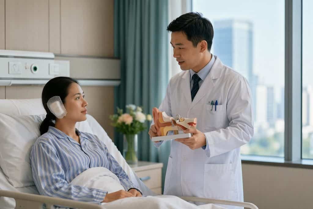 Illustrative image: A doctor discusses a model with a patient in a hospital room.