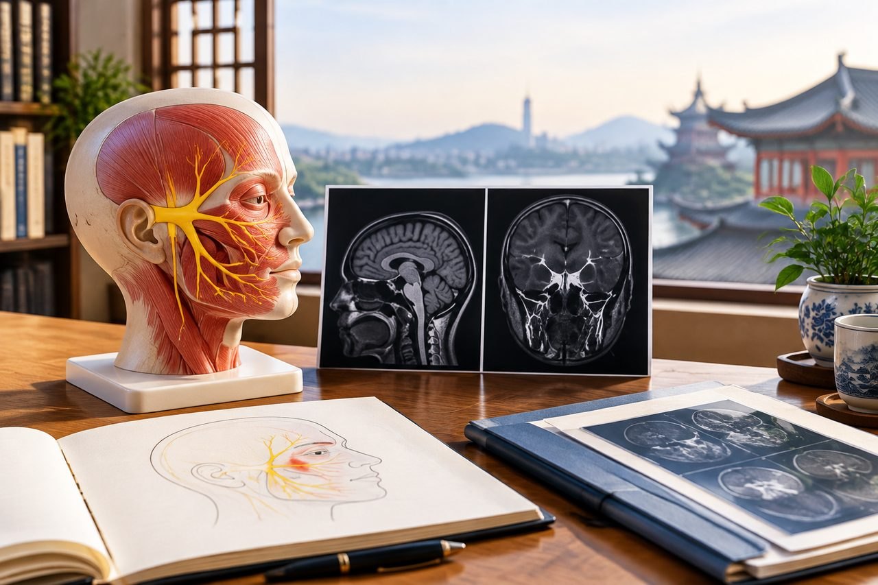 Illustrative image: A detailed anatomical model of a human head alongside MRI scans and sketches on a desk with a scenic view.