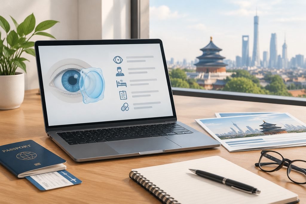 AI illustration: Eye illustration and consultation-planning icons on a laptop