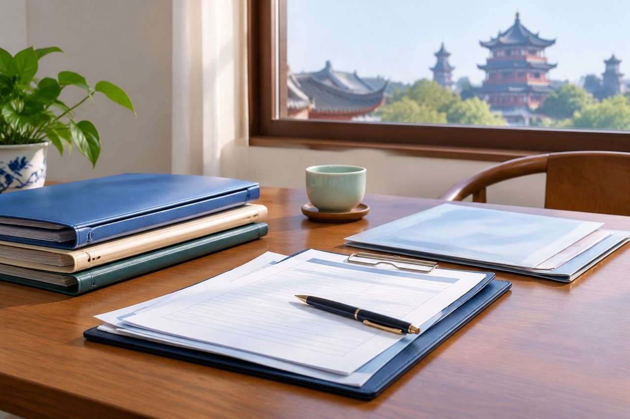 AI illustration: A workspace featuring folders, papers, and a cup, with a view of traditional architecture outside the window.