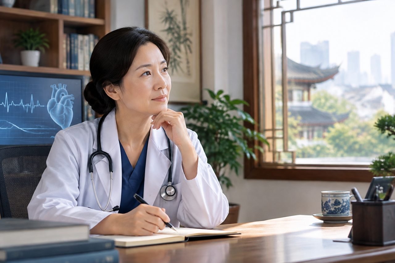 Illustrative image: A doctor in a consultation room reflects while taking notes, with a heart monitor displayed in the background.