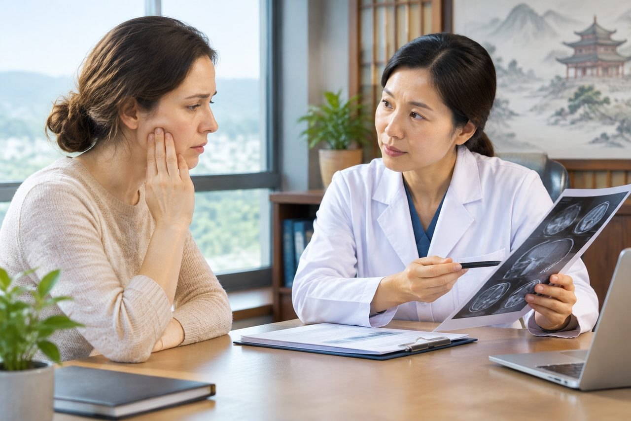 Illustrative image: A doctor discusses medical imaging with a patient during a consultation.
