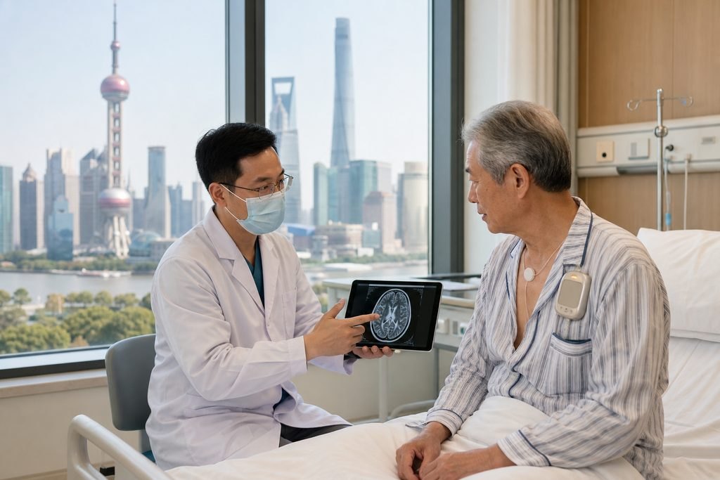 Illustrative image: A doctor discusses a brain scan with a patient in a hospital room overlooking a city skyline.