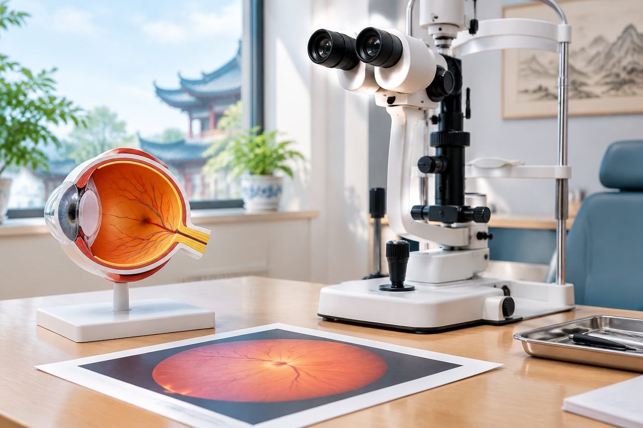 Illustrative image: An eye examination room featuring a model of the human eye and a slit lamp for ocular assessments.
