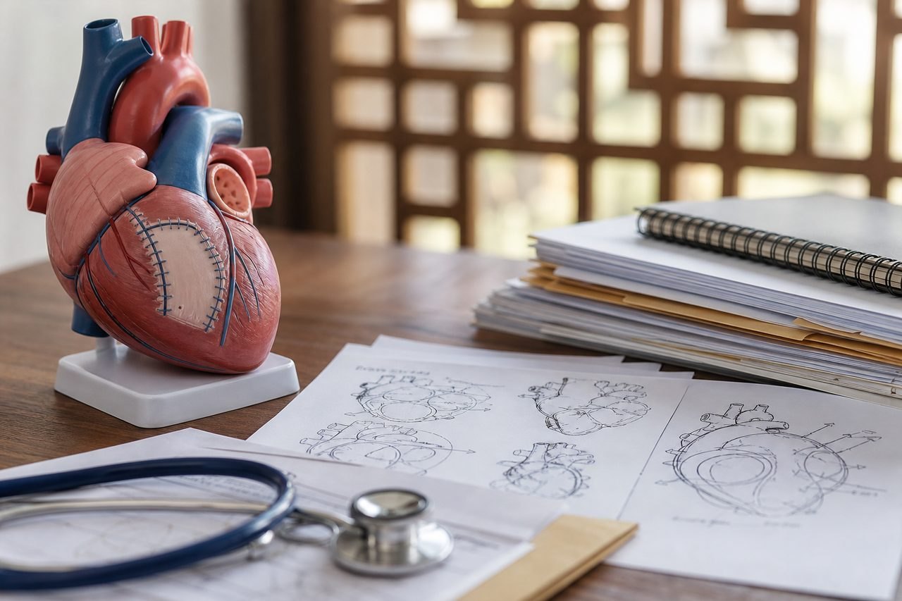 Illustrative image: A detailed anatomical model of a heart is displayed alongside medical sketches and a stethoscope on a wooden table.
