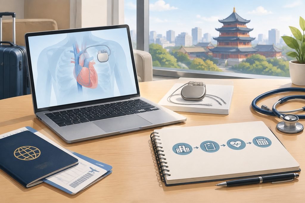 AI illustration: Schematic heart and pacemaker illustration beside a visit checklist
