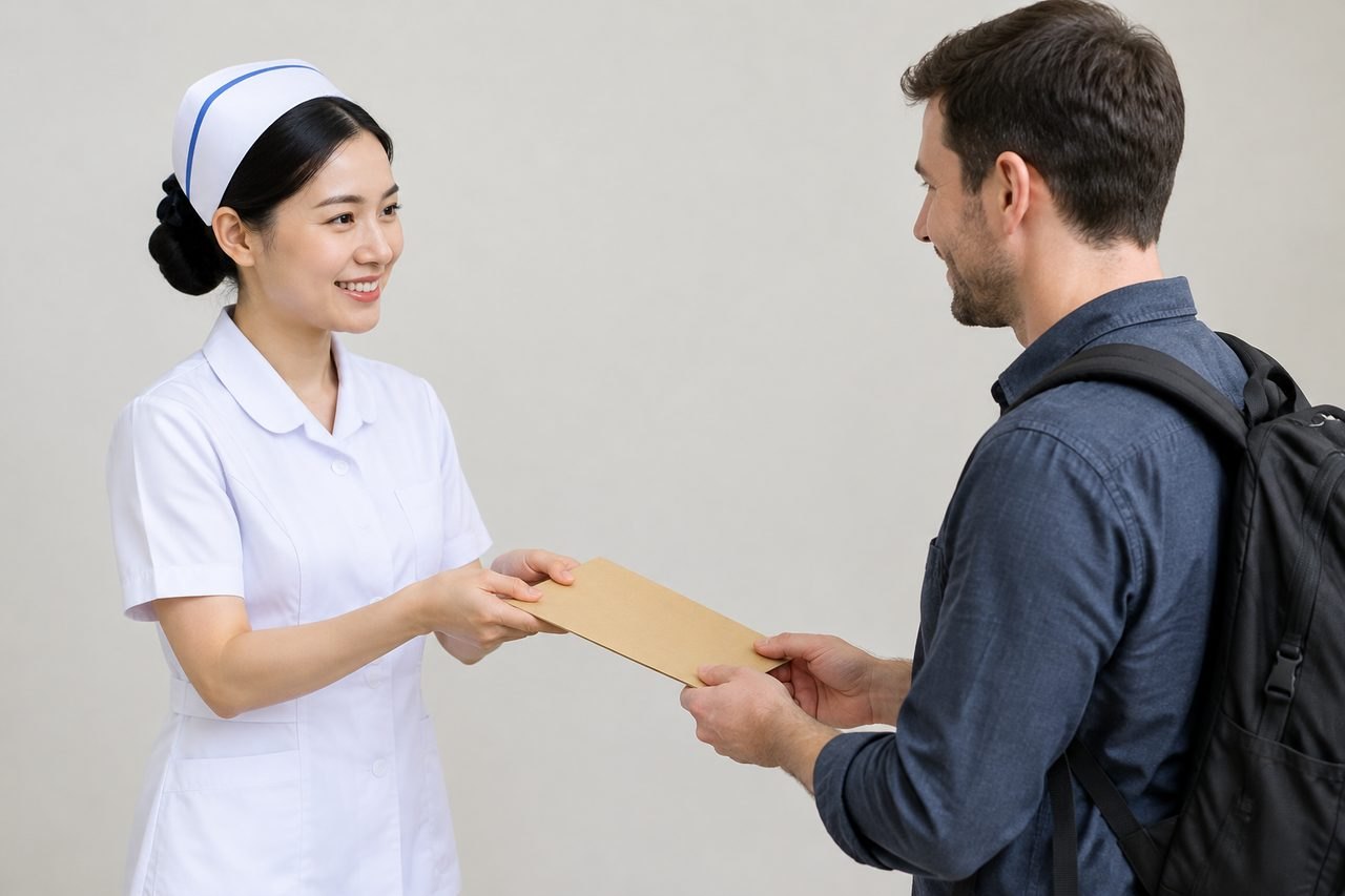 AI illustration: A nurse hands a document to a patient in a healthcare setting.