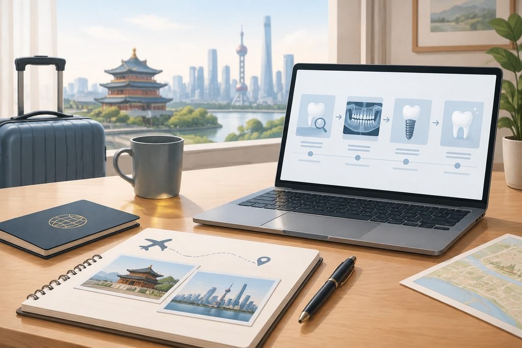 AI illustration: Laptop with dental planning icons beside a travel notebook