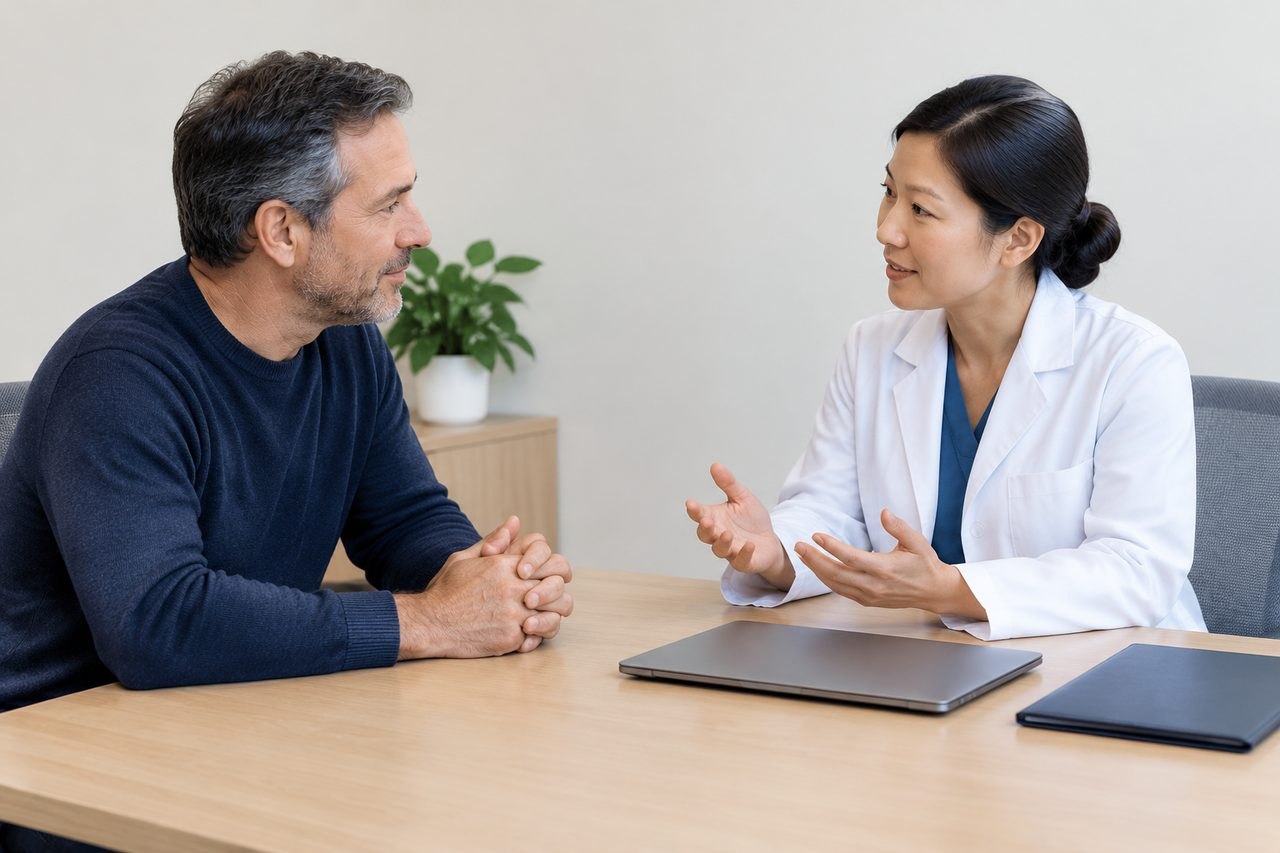AI illustration: A doctor discusses with a patient in a consultation room.
