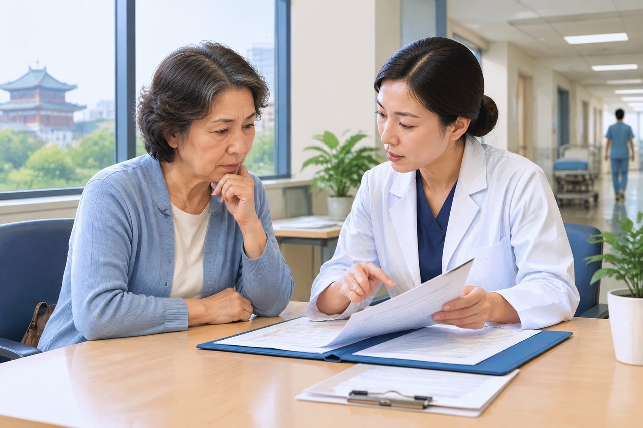 AI illustration: A doctor discusses medical documents with a patient in a consultation room.