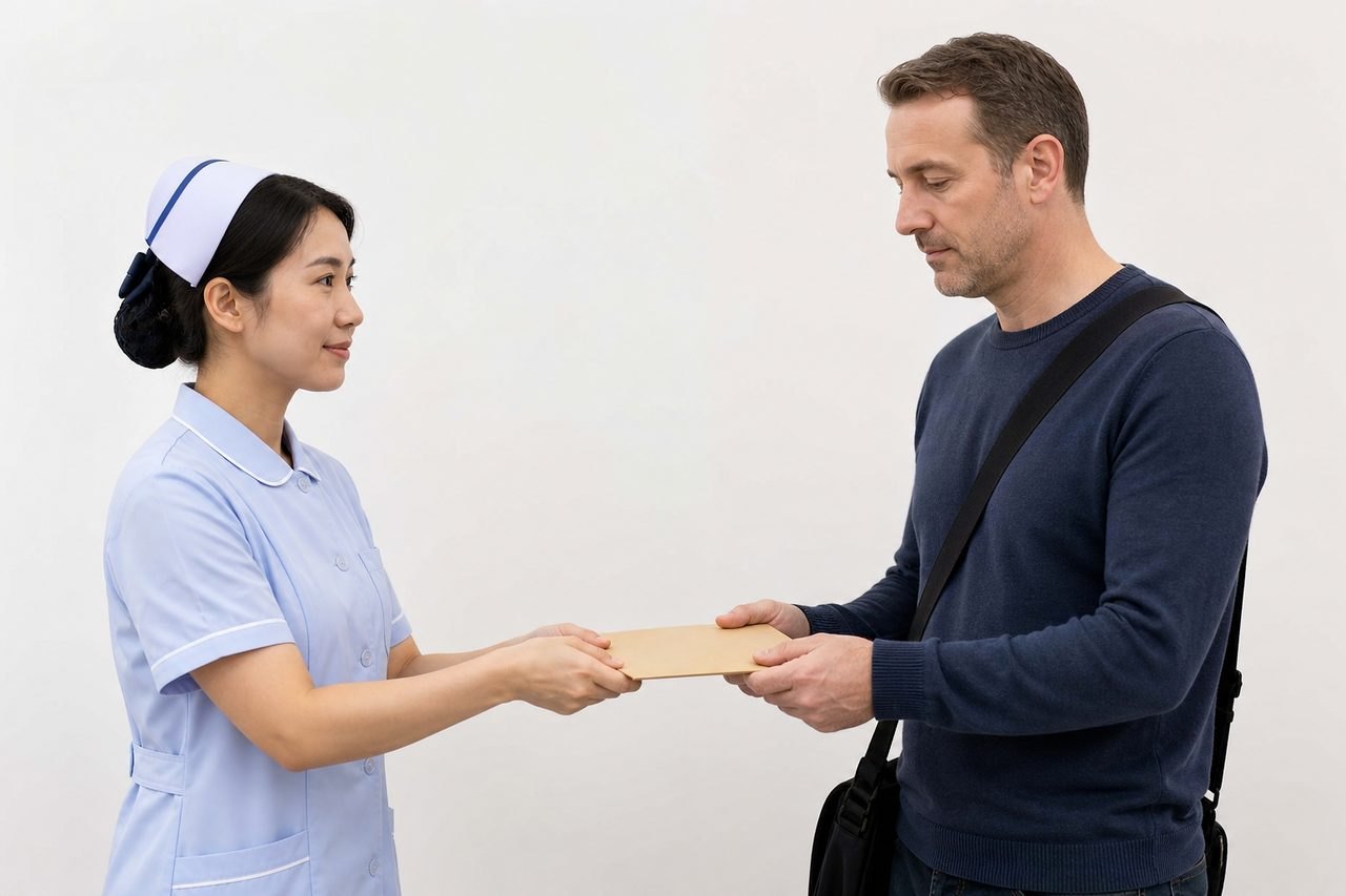 AI illustration: A nurse hands a document to a patient in a clinical setting.