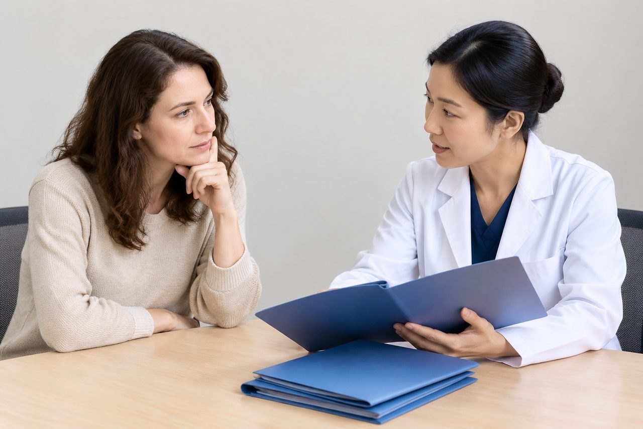 AI illustration: A doctor discusses information with a patient during a consultation.